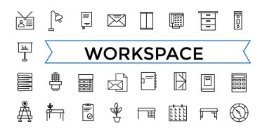 Ofis çalışma alanı elemanları ağ simgesi seti. Taslak simgeler paketi. Simge koleksiyonu. Düzenlenebilir vektör simgesi ve resimleme.