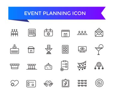 Olay planlama simgesi koleksiyonu. Dekorasyon, mekan, etkinlik planlayıcısı, kayıt, eğlence, ikram ve davetiye sembolü ile ilgili.