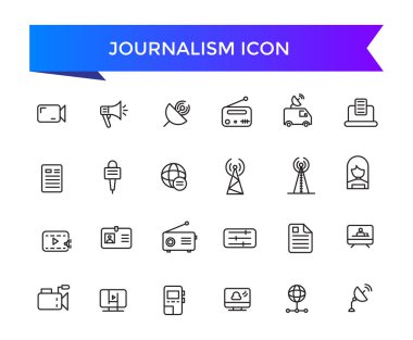 Gazetecilik ikonu koleksiyonu. Gazeteci, haber, mikrofon, röportaj, muhabir, podcast, basın kartı, gazete ve radyo ile ilgili. Satır simgeleri ayarlandı.