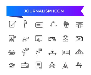 Gazetecilik ikonu koleksiyonu. Gazeteci, haber, mikrofon, röportaj, muhabir, podcast, basın kartı, gazete ve radyo ile ilgili. Satır simgeleri ayarlandı.