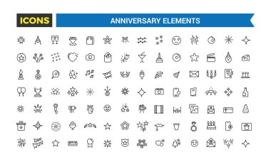 Parti, kutlama, yıldönümü ikonu seti. Taslak simgeler paketi. Düzenlenebilir vektör simgesi ve resimleme.
