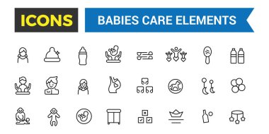 Bebekler, bebek oyuncakları, beslenme ve bakım öğeleri ikonu seti. Taslak simgeler paketi. Düzenlenebilir vektör simgesi ve resimleme.