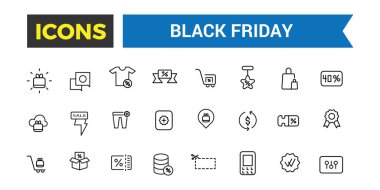 Kara Cuma Büyük Satış Hattı ikonu seti. Taslak simgeler paketi. Düzenlenebilir vektör simgesi ve resimleme.