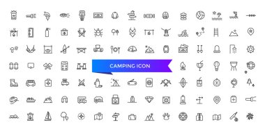 Kamp ikonu koleksiyonu. Kamp, çadır, balıkçılık, doğa, piknik masası, orman, kamp ateşi, yürüyüş ve daha fazlası. Vektör Satırı simgeleri ayarlandı.