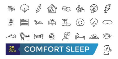 Rahat uyku basit taslak simgesi seti. Battaniye yastık özellikleri çizgi simgesi seti. Doğrusal ağ ve ui simgeleri koleksiyonu ve paketi. Düzenlenebilir felç. Vektör illüstrasyonu