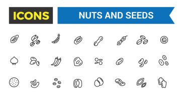Ceviz, tohum ve fasulye ikonu seti. Taslak simgeler paketi. Düzenlenebilir vektör simgesi ve resimleme.