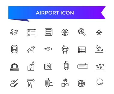 Havaalanı ikon koleksiyonu. Uçak, uçuş kartı, seyahat, gümrük masası, gümrük, dedektör, göçmenlik ve pilot simgeleri ile ilgili.