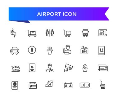 Havaalanı ikon koleksiyonu. Uçak, uçuş kartı, seyahat, gümrük masası, gümrük, dedektör, göçmenlik ve pilot simgeleri ile ilgili.