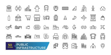 Kamu altyapı simgesi ayarlandı. Doğrusal ağ ve ui simgeleri koleksiyonu ve paketi. Düzenlenebilir felç. Vektör illüstrasyonu
