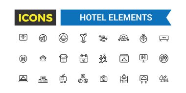 Otel elemanları simgesi seti. Taslak simgeler paketi. Düzenlenebilir vektör simgesi ve resimleme.