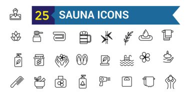 Sauna simgeleri ayarlandı. ui tasarımı için özet sauna vektör simgeleri. Taslak simge koleksiyonu. Düzenlenebilir vuruş.
