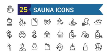 Sauna simgeleri ayarlandı. ui tasarımı için özet sauna vektör simgeleri. Taslak simge koleksiyonu. Düzenlenebilir vuruş.