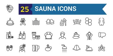 Sauna simgeleri ayarlandı. ui tasarımı için özet sauna vektör simgeleri. Taslak simge koleksiyonu. Düzenlenebilir vuruş.