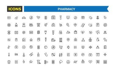 Eczane, ilaç, sağlık hizmetleri, ince çizgi ikonları. Düzenlenebilir vektör simgesi ve resimleme.