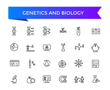 Genetik ve Biyoloji ikonları web ve ui için düzenlenebilir vuruş koleksiyonu ile ayarlandı. Satır simgeleri paketlendi. Vektör illüstrasyonu.