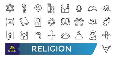 Din Çizgisi Simgelerinin Basit Seti. Dua Odası, Tapınaklar, Kutsal Kitap ve daha fazlası gibi ikonlar içeriyor. Doğrusal ağ ve ui simgeleri koleksiyonu ve paketi. Düzenlenebilir felç. Vektör illüstrasyonu