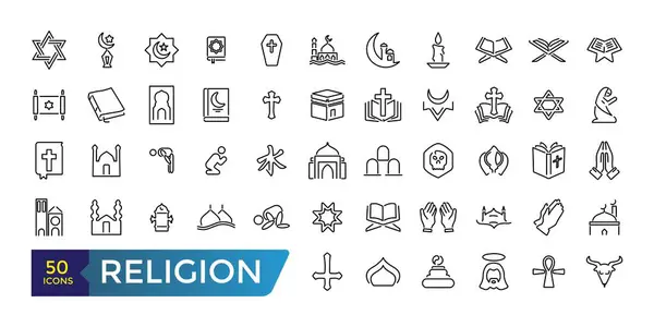 stock vector Simple Set of Religion Line Icons. Contains such Icons as Prayer Room, Temples, Divine Book and more. Collection and pack of linear web and ui icons. Editable stroke. Vector illustration