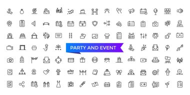 Parti ve Olay Simgeleri web ve ui için düzenlenebilir vuruş koleksiyonu ile ayarlandı. Satır simgeleri paketlendi. Vektör illüstrasyonu.