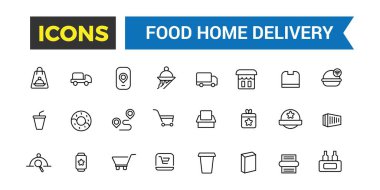 Yemek teslimatı ikonları koleksiyonu. Taslak simgeler paketi. Web ve UI için düzenlenebilir vektör seti ve illüstrasyon.