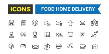 Yemek teslimatı ikonları koleksiyonu. Taslak simgeler paketi. Web ve UI için düzenlenebilir vektör seti ve illüstrasyon.