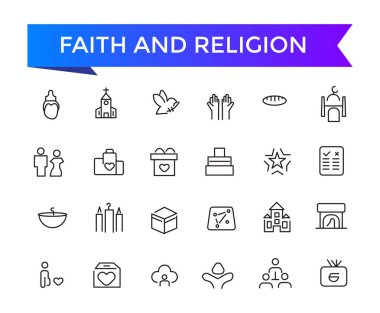 Faith and Religion Line Icons web ve ui için düzenlenebilir vuruş koleksiyonu ile kuruldu. Satır simgeleri paketlendi. Vektör illüstrasyonu.