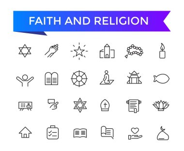 Faith and Religion Line Icons web ve ui için düzenlenebilir vuruş koleksiyonu ile kuruldu. Satır simgeleri paketlendi. Vektör illüstrasyonu.