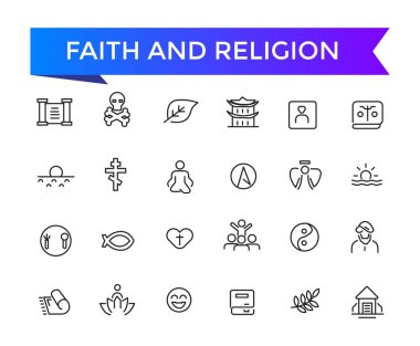 Faith and Religion Line Icons web ve ui için düzenlenebilir vuruş koleksiyonu ile kuruldu. Satır simgeleri paketlendi. Vektör illüstrasyonu.