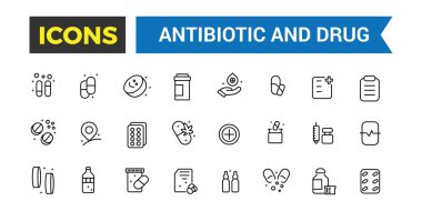 Antibiyotik ve uyuşturucu ikonları koleksiyonu. Taslak simgeler paketi. Web ve UI uygulaması için düzenlenebilir vektör çizgisi simgesi ve illüstrasyon.