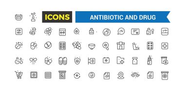 Antibiyotik ve uyuşturucu ikonları koleksiyonu. Taslak simgeler paketi. Web ve UI uygulaması için düzenlenebilir vektör çizgisi simgesi ve illüstrasyon.