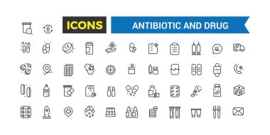 Antibiyotik ve uyuşturucu ikonları koleksiyonu. Taslak simgeler paketi. Web ve UI uygulaması için düzenlenebilir vektör çizgisi simgesi ve illüstrasyon.