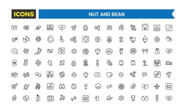 Nut ve Bean ikonu seti. Taslak simgeler paketi. Web ve UI uygulaması için düzenlenebilir vektör çizgisi simgesi ve illüstrasyon.