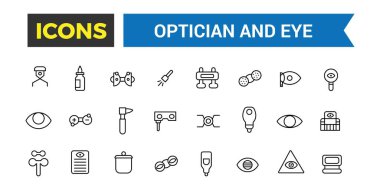 Optisyen ve Göz simgeleri ayarlandı. Taslak simgeler paketi. Web ve UI uygulaması için düzenlenebilir vektör çizgisi simgesi ve illüstrasyon.
