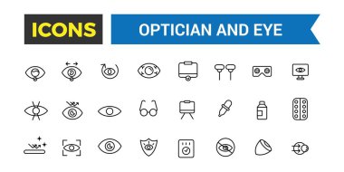 Optisyen ve Göz simgeleri ayarlandı. Taslak simgeler paketi. Web ve UI uygulaması için düzenlenebilir vektör çizgisi simgesi ve illüstrasyon.