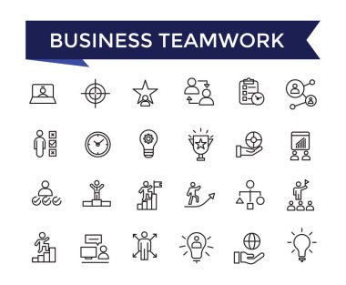 İş ekibi çalışması, web ve ui için düzenlenebilir vuruş koleksiyonu olan takım oluşturma ikonu seti. Satır simgeleri paketlendi. Vektör illüstrasyonu.