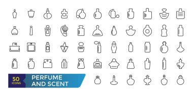 Parfümle ilgili simgelerin basit bir koleksiyonu. İnfografik, uygulama geliştirme ve web sitesi simgesi için ince çizgi vektör kümesi. Doğrusal ağ ve ui simgeleri koleksiyonu ve paketi. Düzenlenebilir felç. Vektör illüstrasyonu.