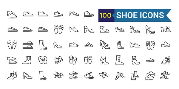 Ayakkabı simgeleri taslak biçiminde ayarlandı. Erkek ve kadın ayakkabıları koleksiyon vektör illüstrasyonunu ayarlar. Taslak simge koleksiyonu. Düzenlenebilir vuruş.