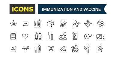 Bağışıklık ve aşı ikonları ayarlandı. Taslak simgeler paketi. Web ve UI uygulaması için düzenlenebilir vektör çizgisi simgesi ve illüstrasyon.