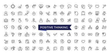 Web ve ui için düzenlenebilir vuruş koleksiyonu olan Pozitif Düşünce Çizgisi Simgeleri. Satır simgeleri paketlendi. Vektör illüstrasyonu.