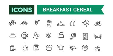 Kahvaltı gevreği ikonları ana hatları belirler. Taslak simgeler paketi. Web ve UI uygulaması için düzenlenebilir vektör çizgisi simgesi ve illüstrasyon.