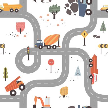 Çizgi film stili el çizim makineleri olan kusursuz bir desen. Çocuk örtüsü, giysi, ambalaj kağıdı kavramı.