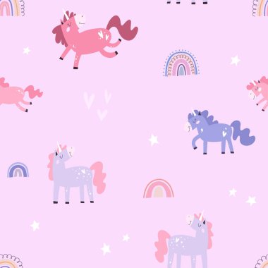 Tek boynuzlu atlar, gökkuşakları ve gül arkaplanındaki yıldızlarla renksiz bir desen. Çocuk örtüsü, giysi, ambalaj kağıdı kavramı.