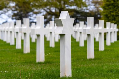 Normandiya 'daki Amerikan mezarlığında haçlar ve Davut' un yıldızı.