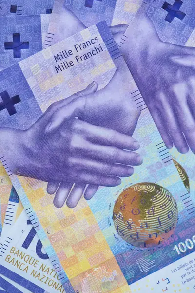 Moneda Suiza Fondo Los Billetes 1000 Francos Suizos — Foto de Stock