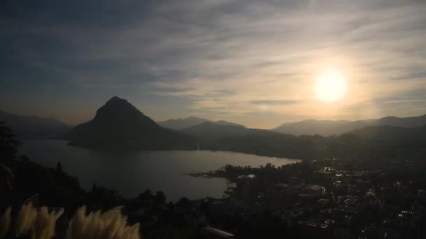 Pôr Sol Outono Lugano Seguido Pela Aparência Lua — Vídeo de Stock