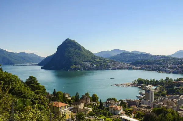 stock image Panoramic view of the beautiful lake of lugano in summer