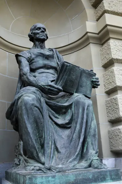 Sculpture Holding Book Entrance Government Building Switzerland — Stock Photo, Image