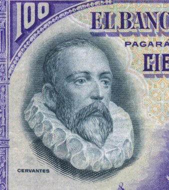 Miguel de Cervantes 'in 1928' deki İspanyol 100 peseta banknotundaki ayrıntılı görüntüsü.