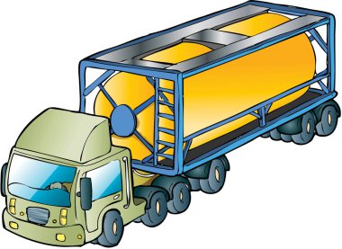 Mavi karavan resimli sarı kamyon