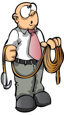 Elinde iple zirveye tırmanmaya hazırlanan bir adamın karikatürü.