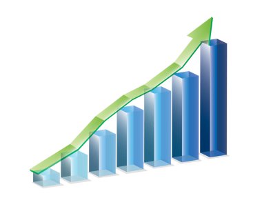 İstatistiksel büyüme gösteren yeşil oklu 3d grafik